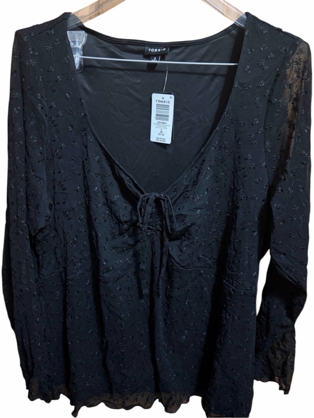 Torrid Black Beaded Tie-Front Sheer V Neck Blouse Size 3X